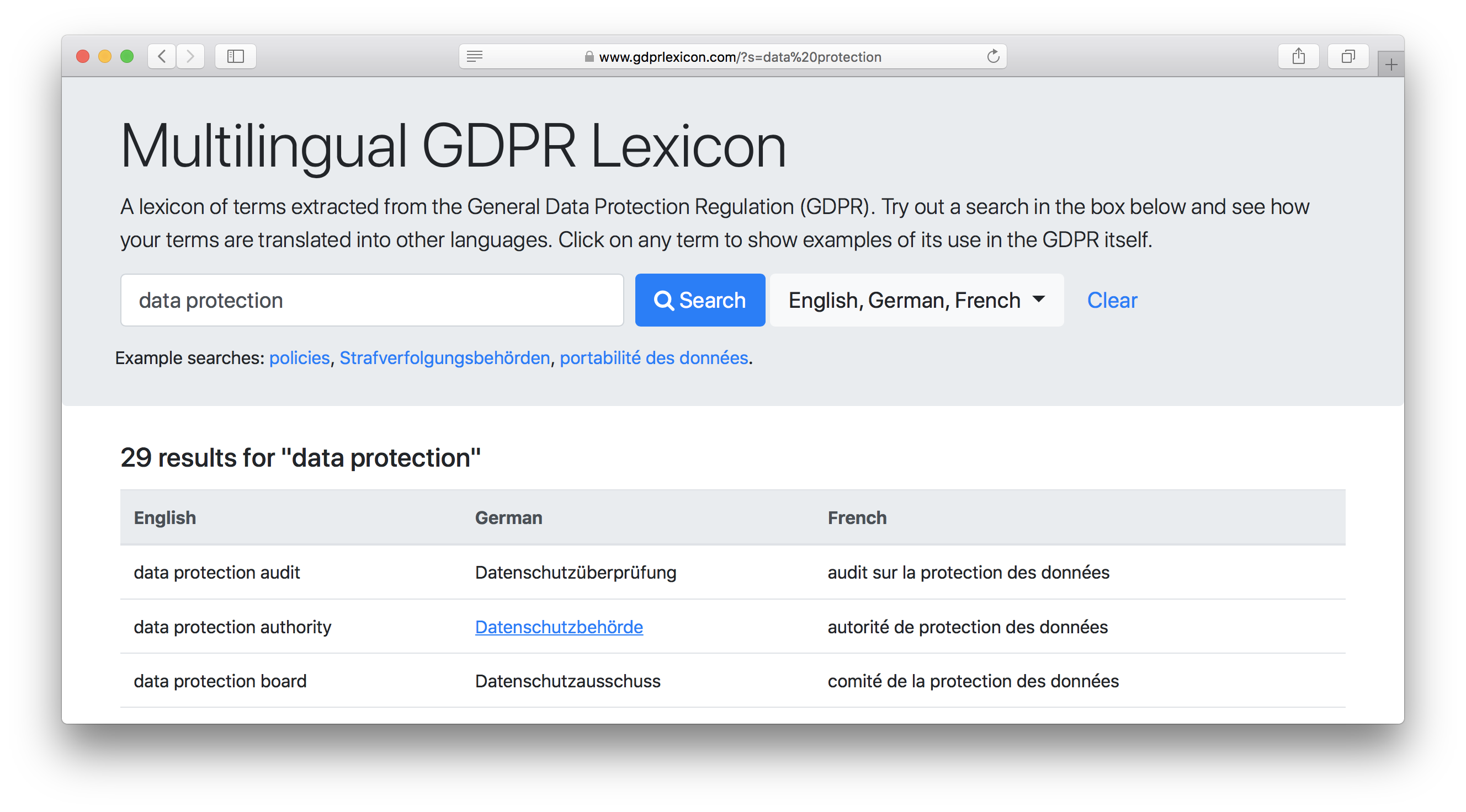 Screenshot of multilingual GDPR lexicon online demo