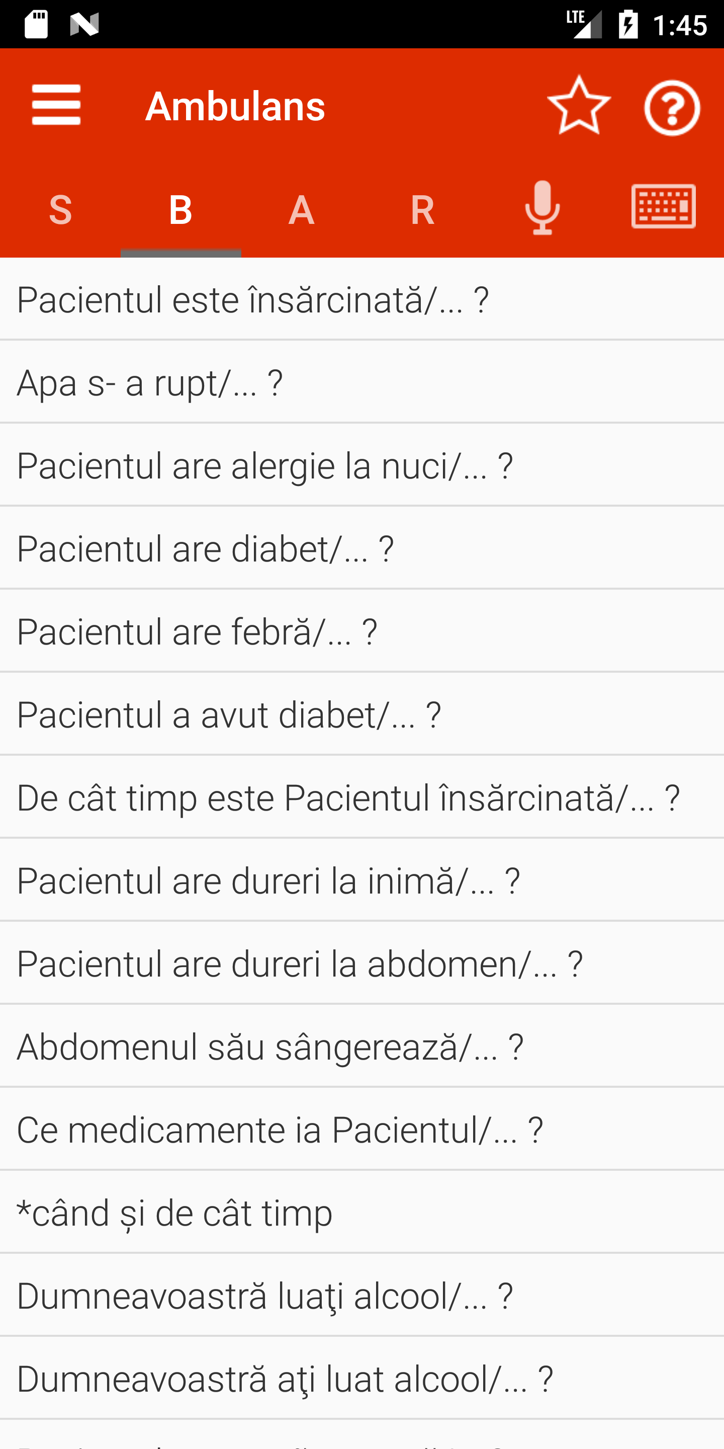 Ambulance app: B menu in Romanian