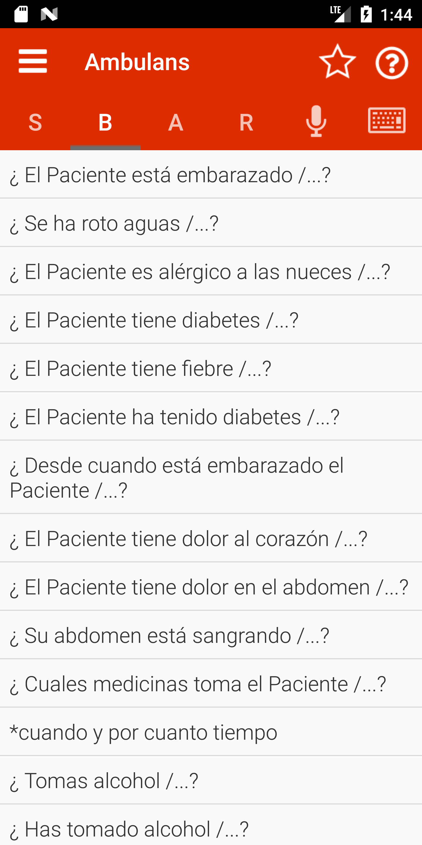 Ambulance app: B menu in Spanish