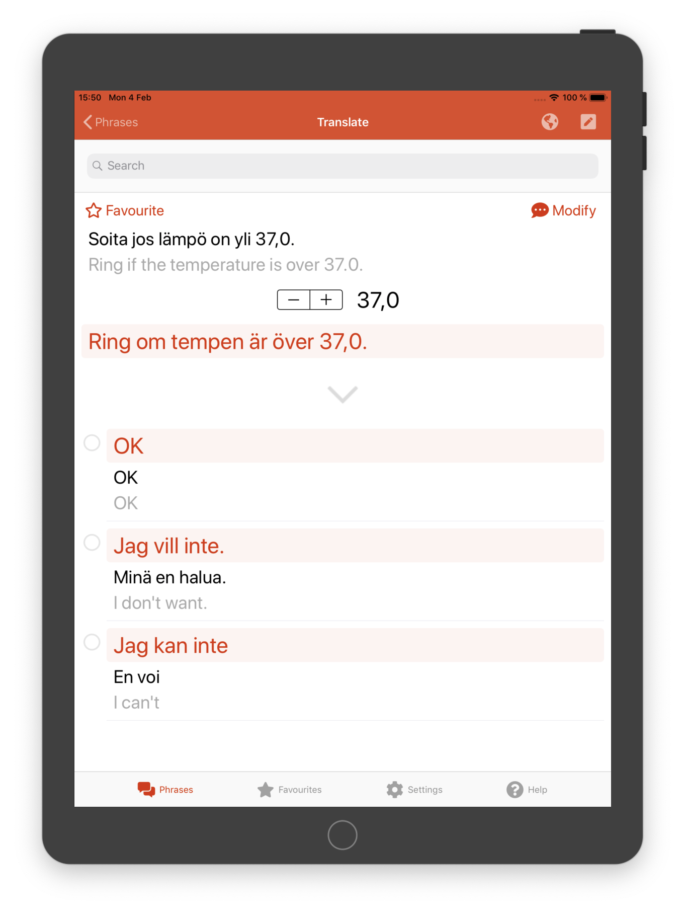 Obstetrics app: Translation from Finnish to Swedish with English as reference language